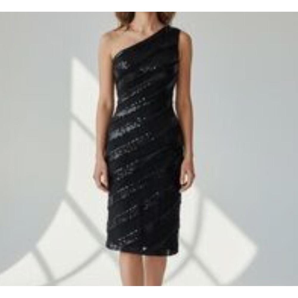TADASHI SHOJI black sequin stripe one shoulder dress sz 10